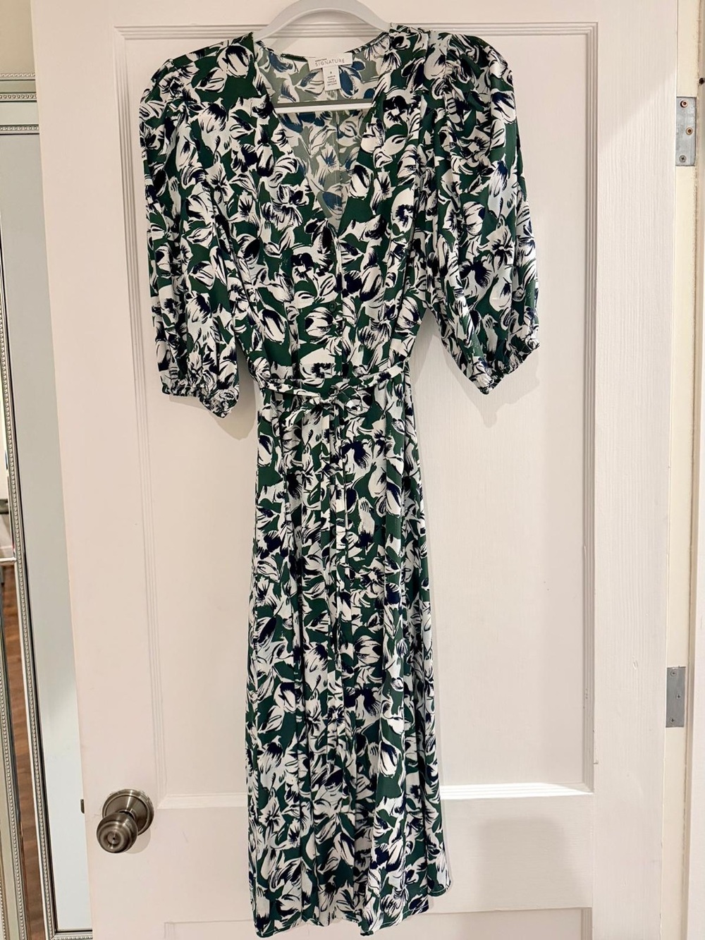Green and White Floral Midi Wrap Dress